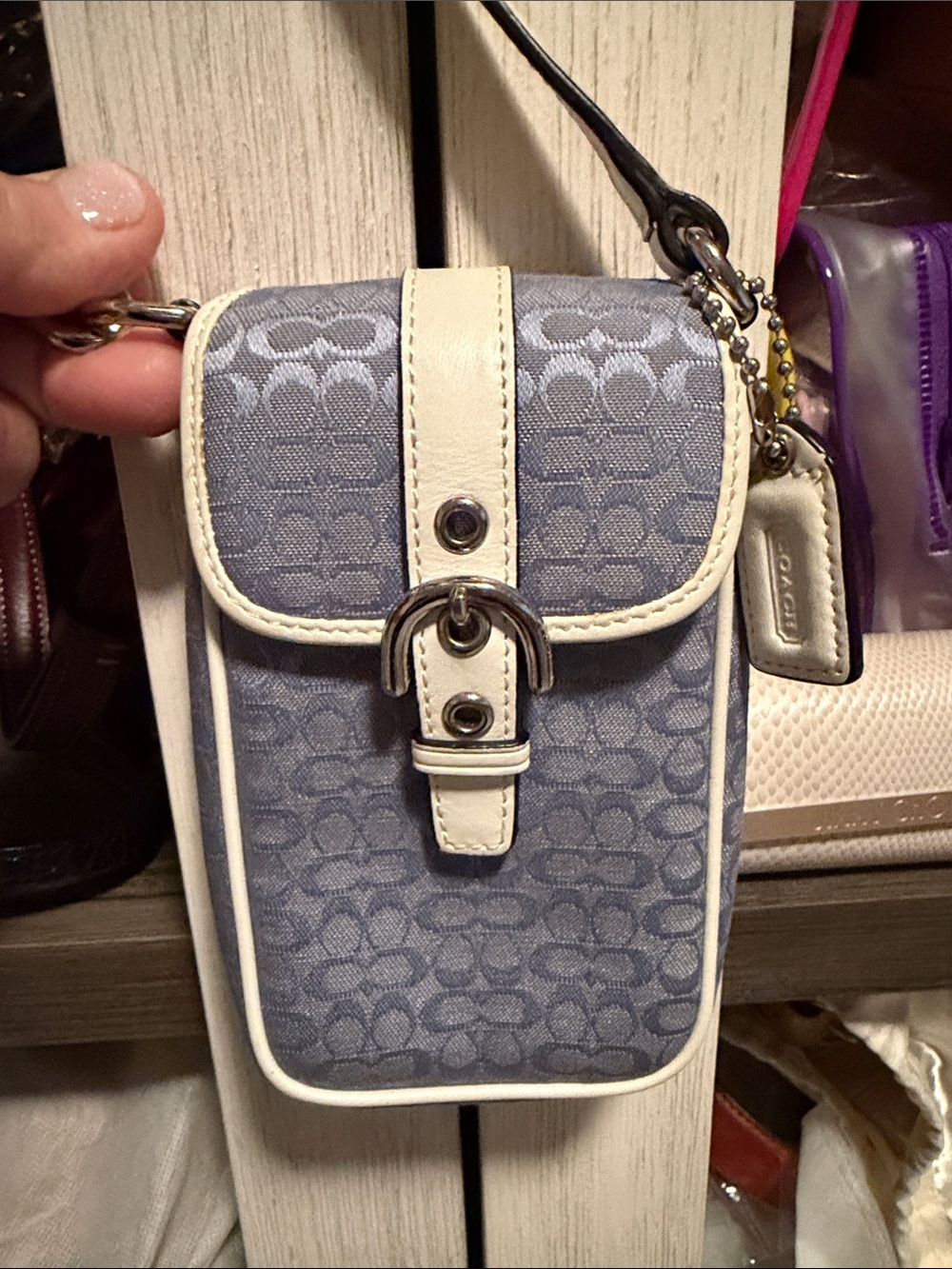 Coach Blue Signature Canvas crossbody Pouch with White Trim and Buckle